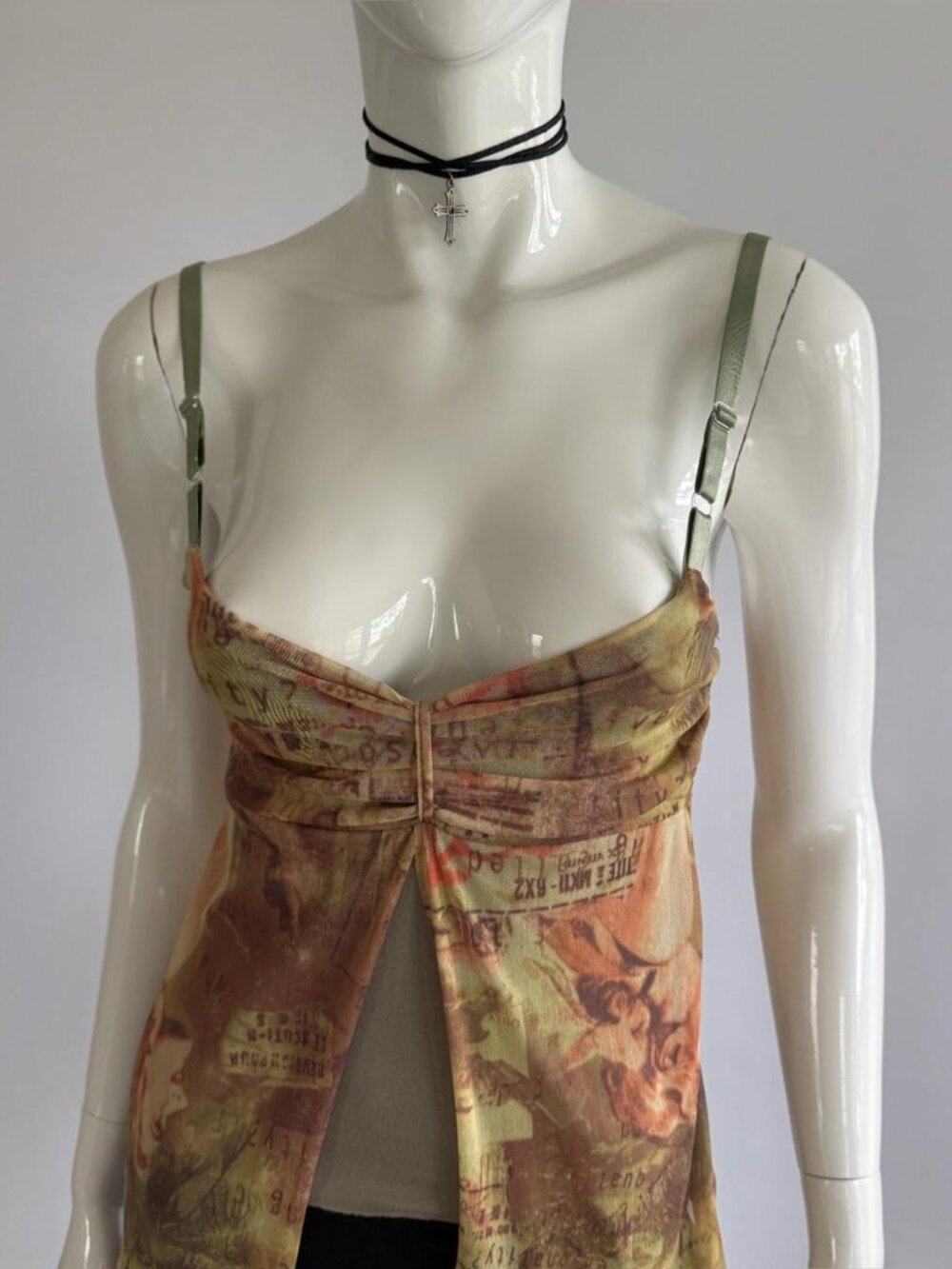 Italian Vintage Asymmetric Mesh Cinched Bust Cami Top - Picture 2 of 7